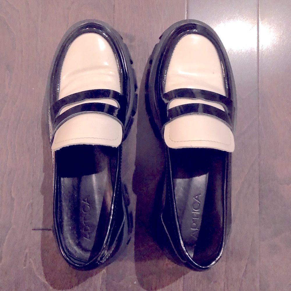 Black and Cream Chunky Penny Loafers - Women's Flats - Picture 2 of 5